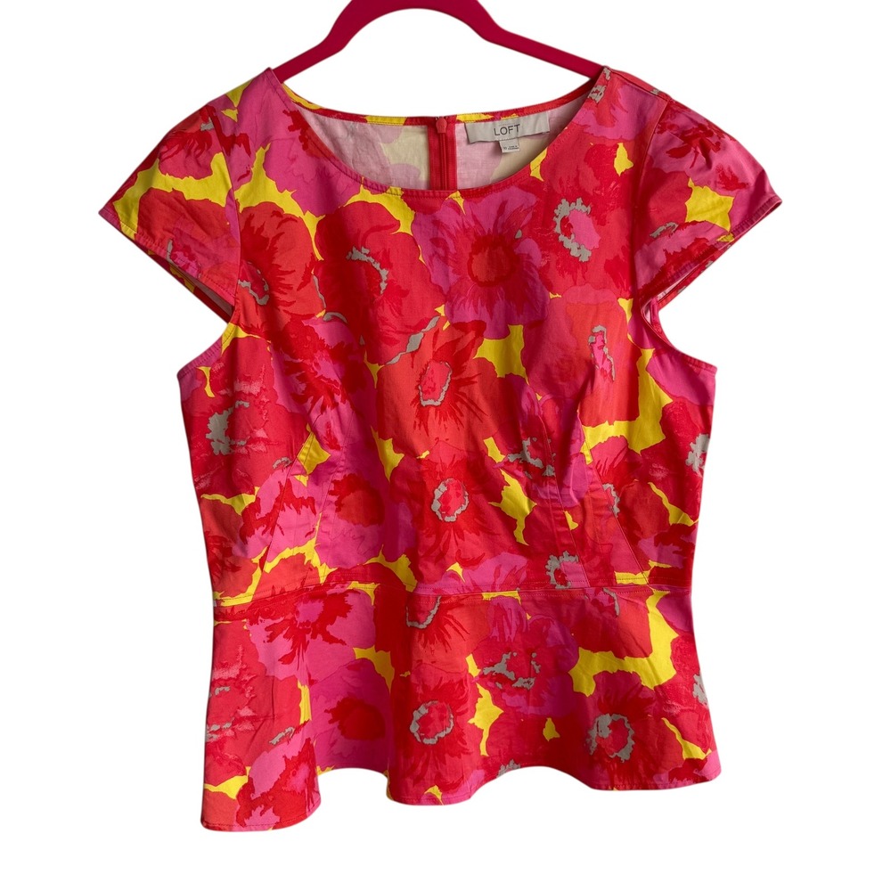ANN TAYLOR LOFT‎ Virant Pinks Peplum Cap Sleeve Ladies Floral Blouse, 10